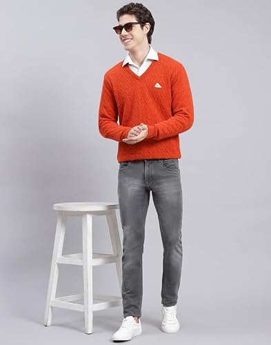 Monte Carlo Orange Mix Self Design V Neck Pullover
