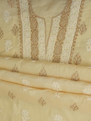 Ada Hand Embroidered Lucknowi Chikankari Unstitched Cotton Dress Material Suit Piece with Dupatta for Women 01A873267 Fawn