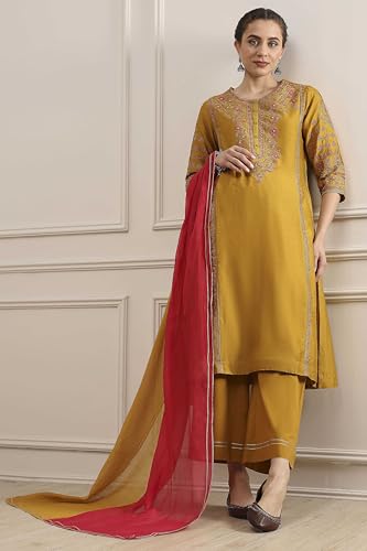 Biba Women Mustard Cotton Blend Kalidar Dyed Suit Set_34