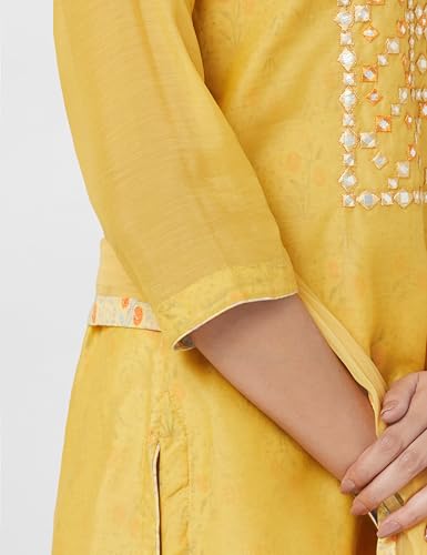 BIBA WOMEN EMBROIDERY NARROW SALWAR KURTA DUPATTA(SKD7402E_MANGO YELLOW_34)