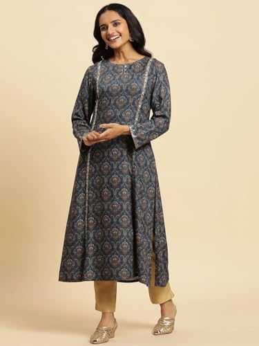 W for Woman Black Paisley Printed Kurta with Kasab Embroidery (Size: 3XL)-24NOW10355-122961