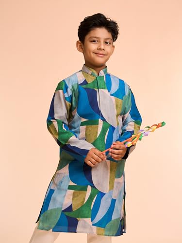 Manyavar Boys Satin Abstract Printed Kurta Pyjama Set (Light Mid Green,4-5Y)