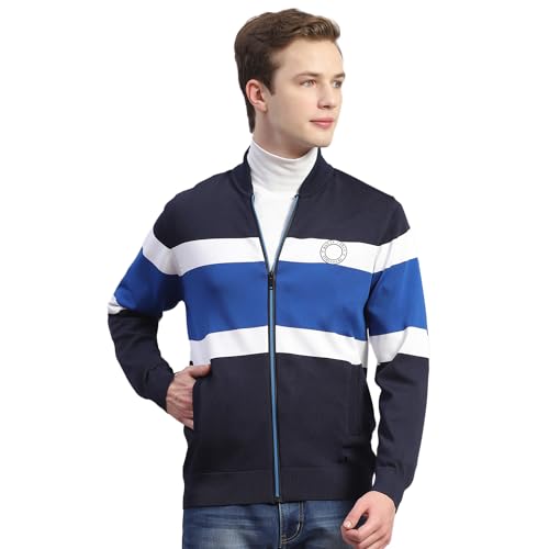 Monte Carlo Mens Navy Blue Striped Mandarin Collar Full Sleeve Polyester Casual Sweater (1239384FZ-1-40)