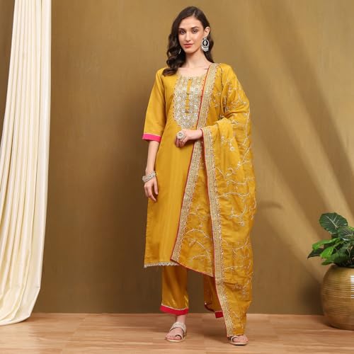 BIBA Women's Yellow Tissue Machine Embroidered Unstitched Suit Set