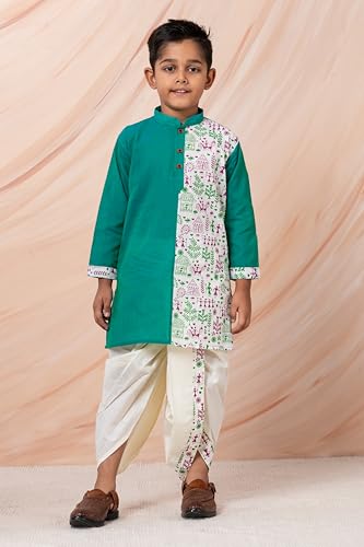 PEKABU Kids Ethnic Wear – Stylish Half Printed & Vibrant Color Pure Cotton Kurta with Elastic Waist Dhoti Set for Boys (Green, 12-18 Months)