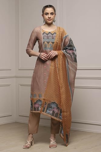Biba Women Brown Chanderi Blend Printed Embroidered Unstitched Suit Set_FREE SIZE