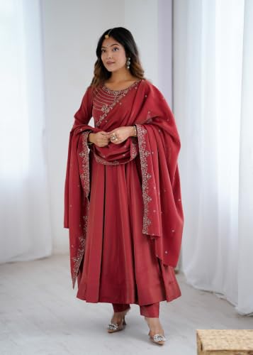 Leeli Peeri Designer Women's Chanderi Silk Embroidery Work Anarkali Kurta Set With Dupatta.