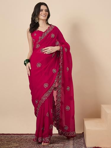 AKHILAM Women's Pink Tissue Embellished Saree With Unstitched Blouse Piece (KRIYNS4701_KH)