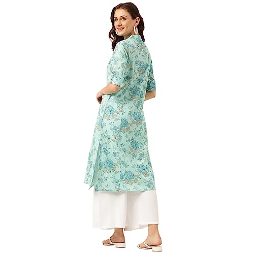 Divena Sea Green Floral Printed Cotton A-Line Kurta