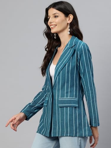 Cottinfab Women Blue & White Striped Single-Breasted Pure Cotton Blazer