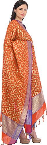 Exotic India Women's Silk Dupatta (SWI54_Mandarin Orange_Fs)