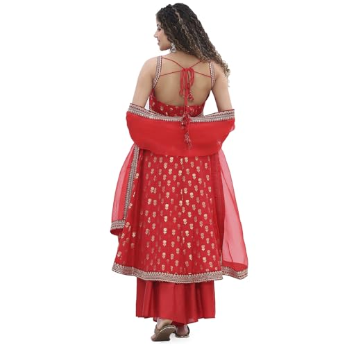 Biba Women Red Yarn-Dyed Strappy Anarkali Suit Set_36