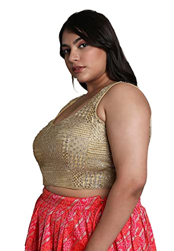 S SALWAR STUDIO Women's Gold Silk Blend Readymade Saree Blouse-PLSSB00046-GOLD