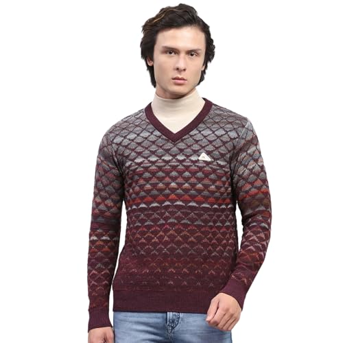 Monte Carlo Mens Wine Self Design V Neck Full Sleeve Pullover (1243195VN-2-44)