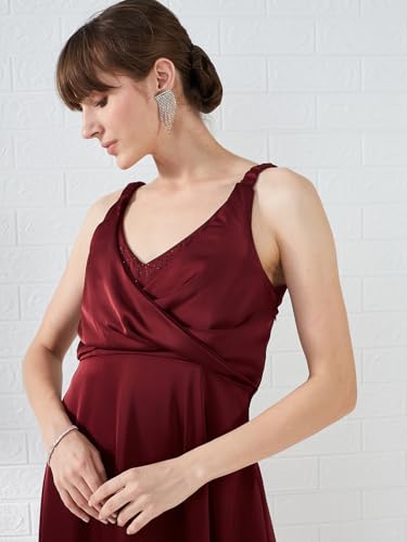 Latin Quarters Women's Maroon Sleeveless V-Neck Solid Party Maxi Dress_XL