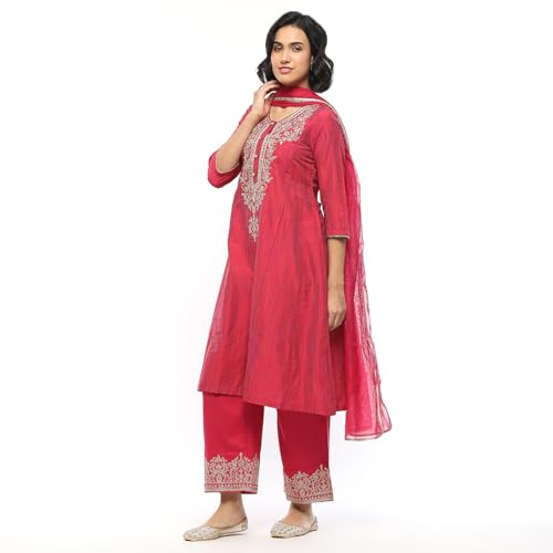 Biba Women Pink Cotton Embroidered Kalidar Suit Set_42