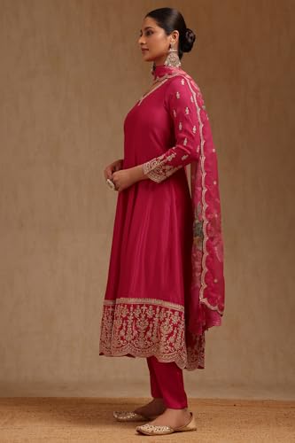 Soch Womens Fuchsia Dola Silk Embroidered Suit Set With Thread Work