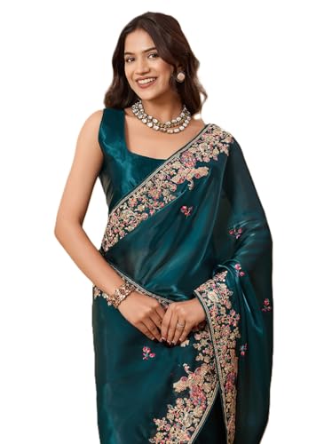 Ekasya Women Jimmy Silk Teal Green Floral Pattern Embroidery Work Saree With Unstitched Blouse (E6386_2)