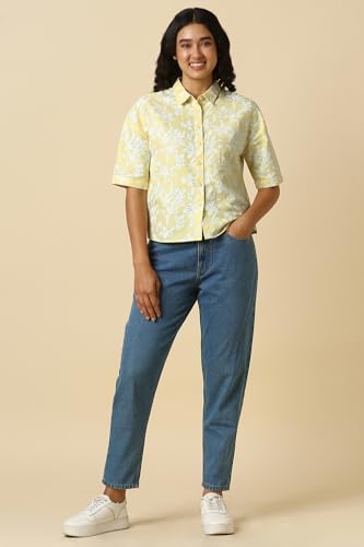Women Yellow Print Short Sleeves Shirt