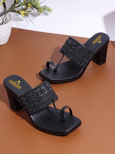 AROOM, Women's One Toe Block Heels Sandals Comfortable & Stylish Sandals for Women & Girls (Black, UK Footwear Size System, Adult, Women, Numeric, Medium, 3)