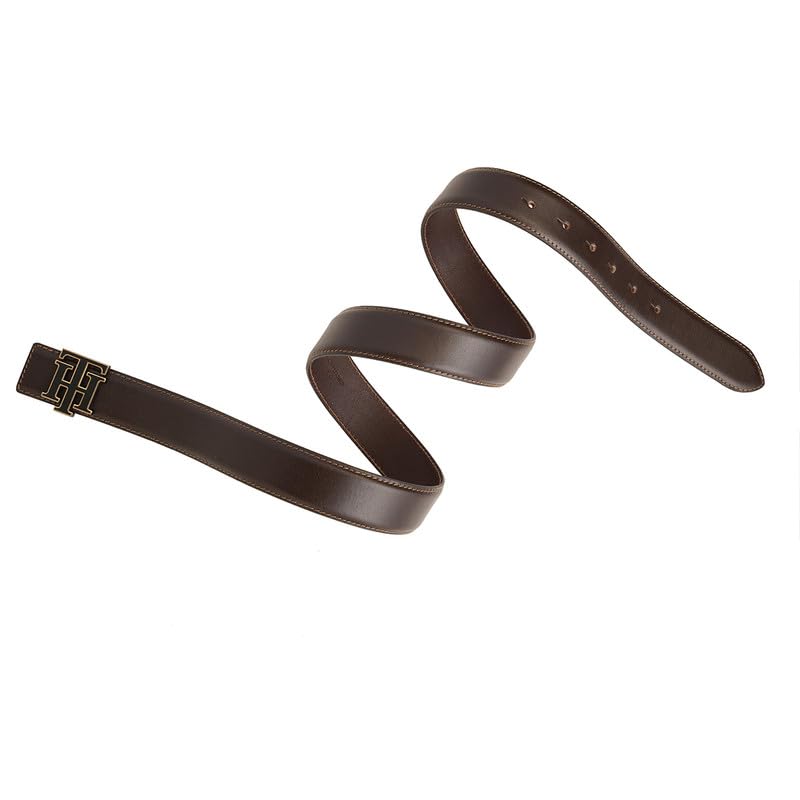 Tommy Hilfiger Men's Skibet Leather Belt - Th Interlock Monogram - Rich Brown For Classic Casual Styling & Gifting | Size M - 90 CM