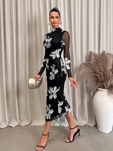 FASHION YARI Women's Summer Mesh Sheer Long Sleeve Midi Ruched Bodycon Dress Mock Neck Elegant Evening Party Cocktail Dresses Black