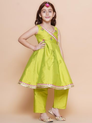 Bitiya By Bhama Girls Green Floral Embroidered Angrakha Kurta with Trousers & Dupatta(TKS166)