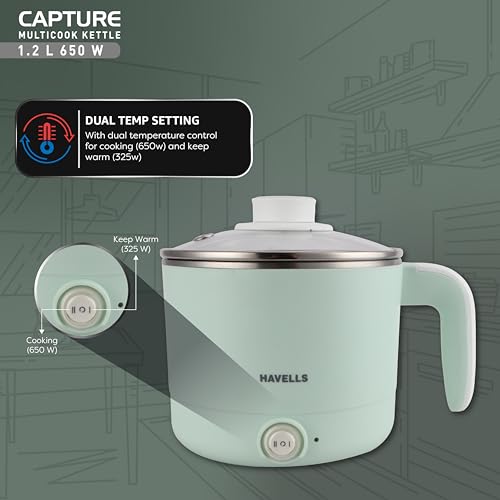 Havells Capture 1.2 L Multi-Cook Electric Kettle with Steamer | 650W |304 Stainless Steel Inner Body|Cooks Noodles, Rice, Milk | Cool-Touch Body | 2-Year Warranty (Green)