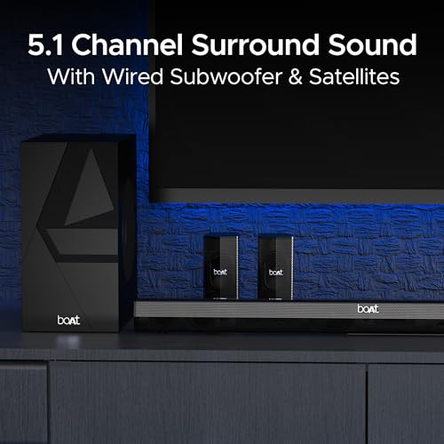 boAt Aavante Bar Azure Pro, 550 W Sound, 5.1CH with Wireless Rear Satellite Speakers, EQ Modes, BTv5.4,Multiple Ports, Master Remote, Bluetooth Sound Bar, Home Theatre Soundbar Speaker (Premium Black)
