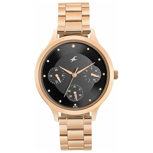 Fastrack Plain 3 Hands Black Dial Rose Gold Plating Stainless Steel Women's Watch - NT6285WM05