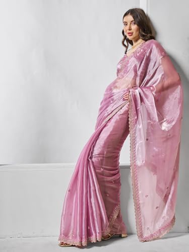 ORHANS Women's Organza Thread & Zari Embroidered Work Saree With Organza Matching Embroidered Work With Unstitched Blouse Piece
