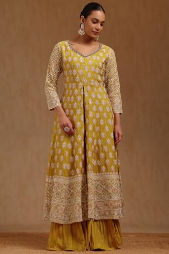 Soch Womens Mustard Chinon Embroidered Suit Set With Sequins