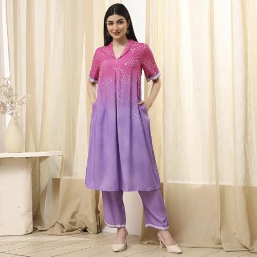 BIBA Women Lilac and Pink Printed Straight Co-ord Set_46