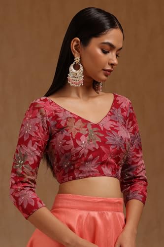 Soch Womens Fuchsia Organza Floral Print Padded Blouse with Zari