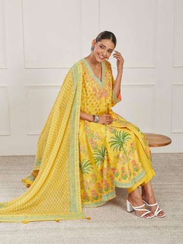 BIBA Printed Cotton Kalidar Casual Kurta With Palazzo And Dupatta
