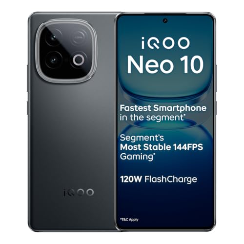 iQOO Neo 10 (Asphalt Black, 12GB RAM, 256GB Storage) | Segment's Fastest Processor* with Snapdragon 8s Gen 4 & Supercomputing chip Q1 | 120W FlashCharge | Segment's Brightest AMOLED Display*