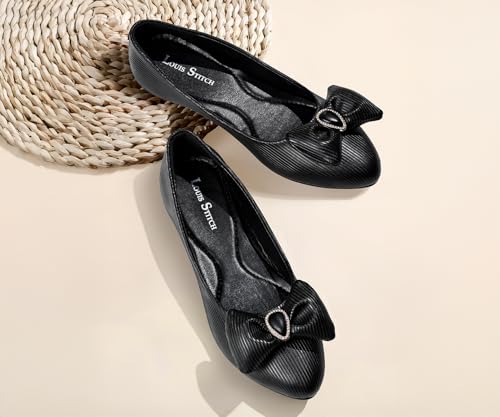 LOUIS STITCH Women’s Black Stylish Bow Ballerina Flats | Premium Closed-Toe Flat Sandals| Comfort Ballerina for Office & Everyday Style| LS-LDCF-010 | UK-3