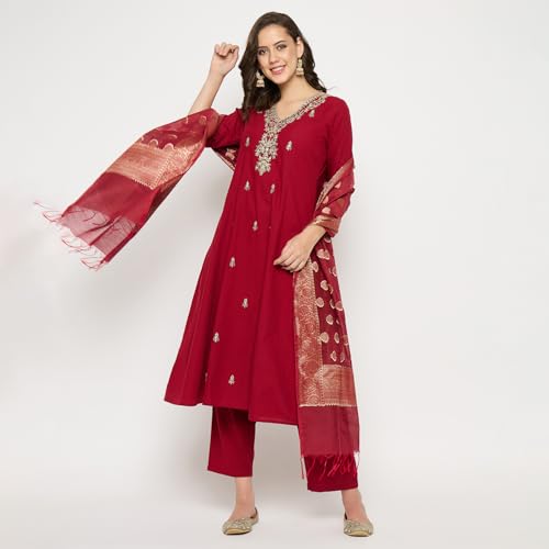 Rangavali Mangalagiri Anarkali Suit Set | Maroon Embroidered Managalgiri Readymade Outfit Kurta, Pant & Banarasi Dupatta for Women | Kurti Set for Ladies | 3 Pcs, M, 34
