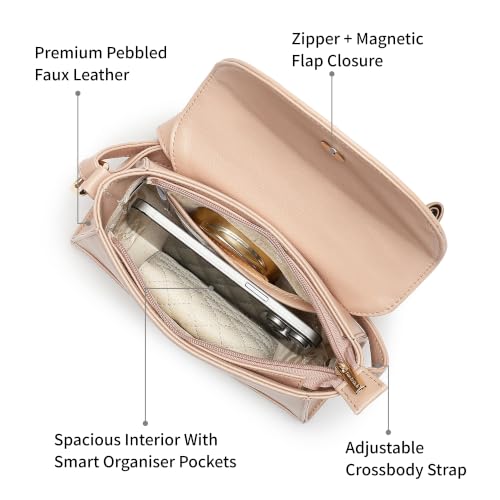 Fastrack Blush Sling Bag for Women | Pink Pebbled Faux Leather Crossbody Sling Bag | Spacious Main Compartment with Organiser Pockets | Magnetic Flap & Zip Closure | Adjustable Buckle Sling Strap