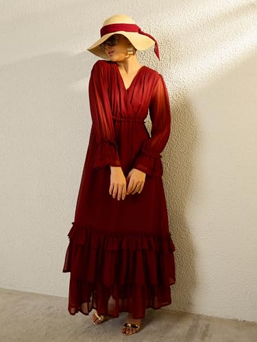Sassafras Women Maroon V-Neck Flared Maxi Dress-S