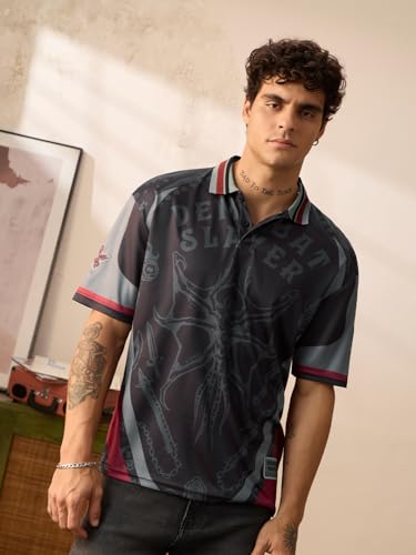 The Souled Store Stranger Things Join The Club Men and Boys Short Sleeves Polo Collar Charcoal Grey Sporty Casual Lightweight Drop Shoulder Streetwear Easy Dry Trendy Oversized Jerseys