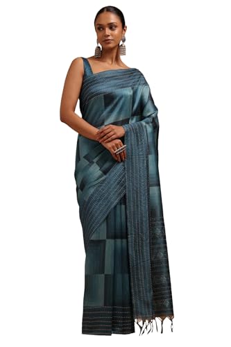 Soch Womens Teal Blue Chanderi Geometric Print Saree With Thread Work