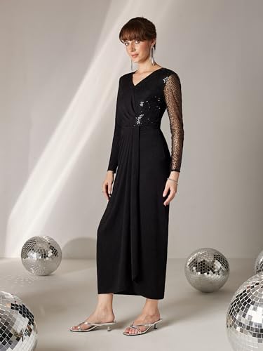 Miss Chase Women's V-Neck Full Sleeve Embellished Pleated Longline Dress (MCAW25D88-40-62-03, Black, S)