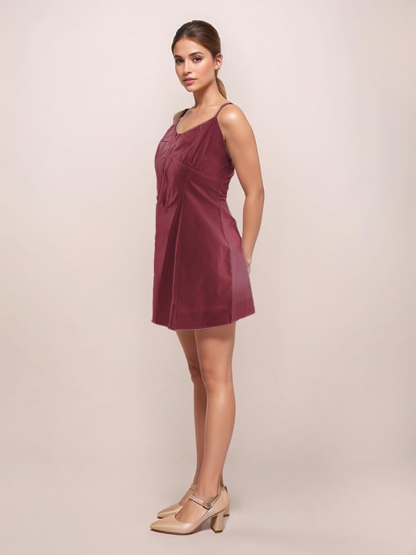 Zink London Maroon Plain Sleeveless Short Dress
