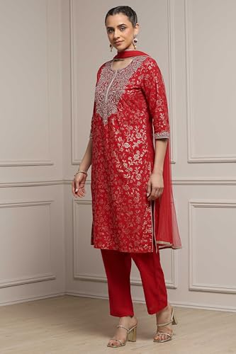 Biba Women Green-Maroon Cotton Straight Printed Suit Set_34