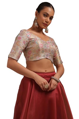 Soch Womens Grey Tussar Floral Print Padded Blouse with Zari Woven