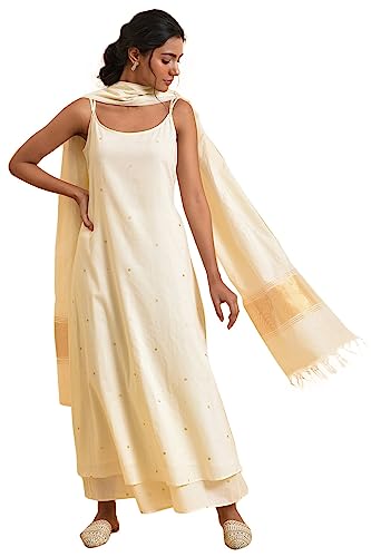 W for Woman Women's Cotton Kurta, Flared Pant & Dupatta (23FEWS19707-122238_Ecru