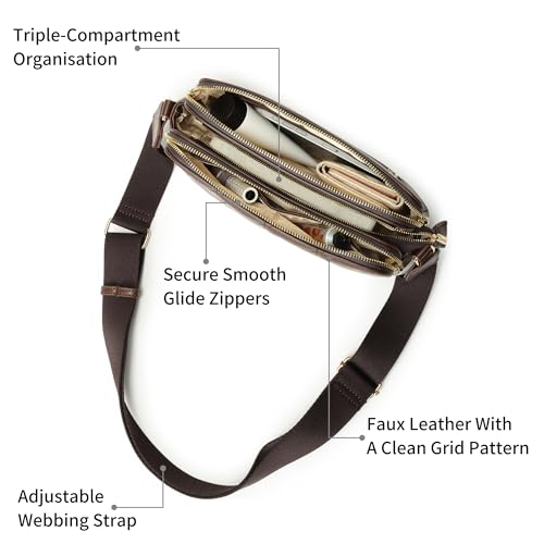 Fastrack Mocha Grid Sling | Faux-Leather Women’s Crossbody Bag | Multi-Compartment Sling with Gold Hardware & Zipper Closure