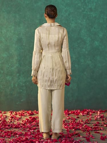 Arangya Elegant Flared Kurta Set with Embroidered Collar and Straight Pants l Puff Sleeve with Gathered Detailing l Co Ord Set for Women White