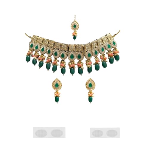 ACCESSHER Gold-Tone Green Stone Choker With Maangtikka And Earrings With a Pair of Transparent Earring & Maangtikka Supporter Patch | For Women & Girls
